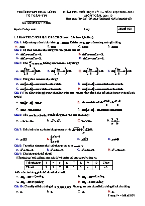 Đề kiểm tra Cuối học học kỳ II môn Toán Lớp 10 - Mã đề 003 - Năm học 2020-2021 - Trường Trung học Phổ thông Đoan Hùng